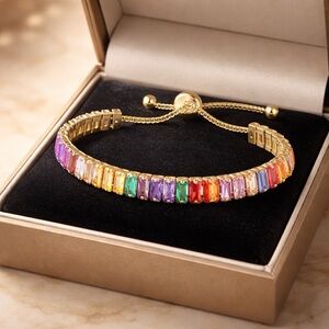 Array of Colors Baguette CZ 18K Gold Plated Bolo Slide Tennis Bracelet